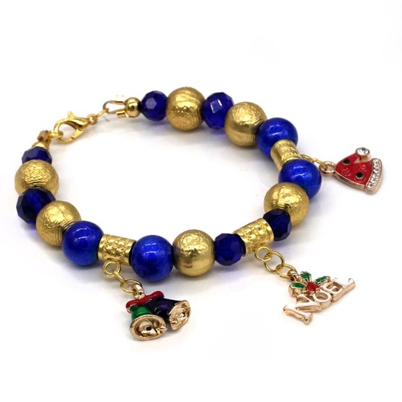 Unique blue and gold handcrafted Christmas bracelet. - Picture 2 of 3